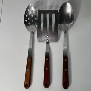 Vintage Robinson Stainless Steel Utensils Wooden Set of 3 -USA -Spoons Spatula